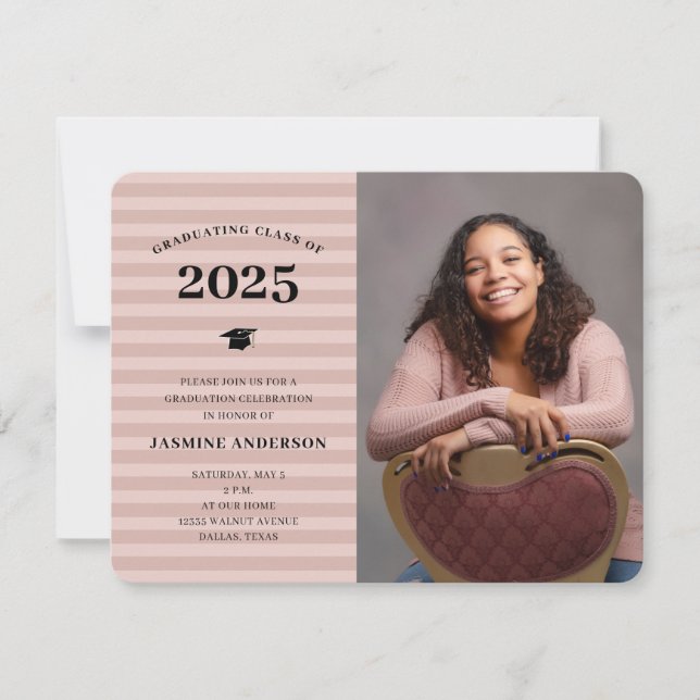 3 Photos Modern Rose Gold Stripes Graduation Party Invitation (Front)