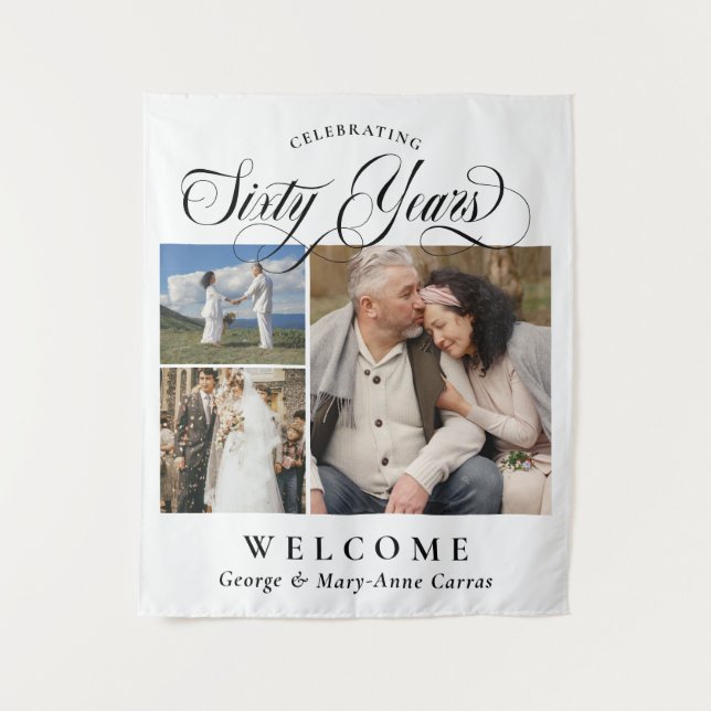 3 Photos Names 60th Wedding Anniversary Welcome Tapestry (Front)