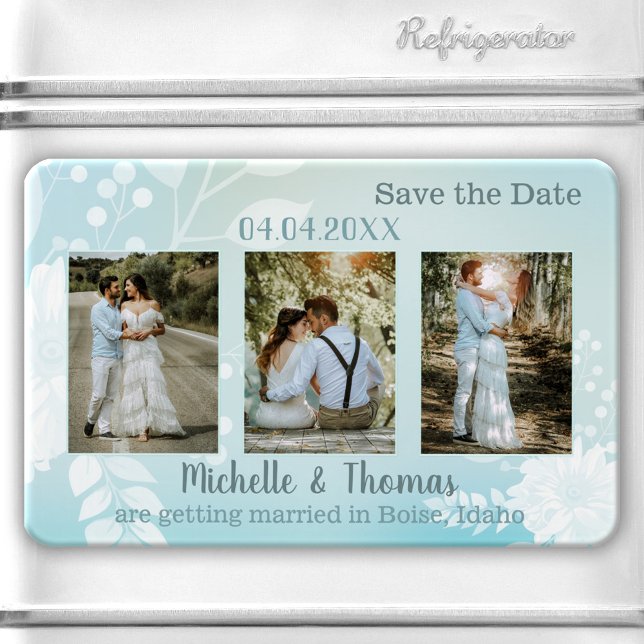 3 Photos Pastel Turquoise Save the Date Magnet (Save the Date magnet featuring 3 of your own photos framed by a pastel teal turquoise floral design.)