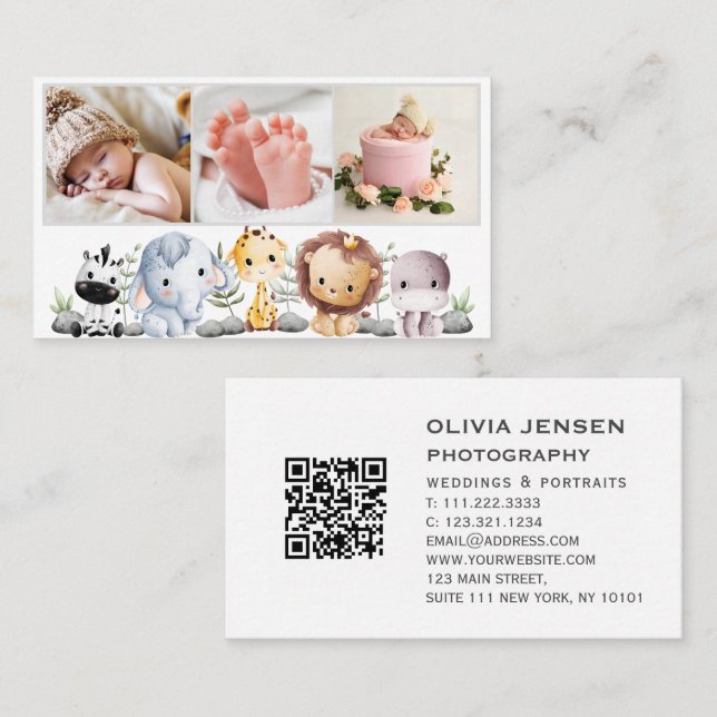 3 Photos QR Code Newborn Baby Photographer  Business Card (Front/Back)