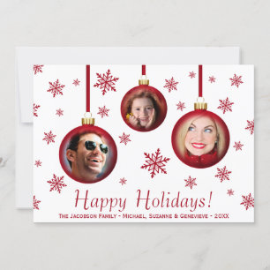 3 Photos Red Bauble Ornaments & Snowflakes Holiday Card