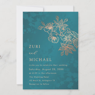 3 Photos Rose Gold Teal Wedding Invitation