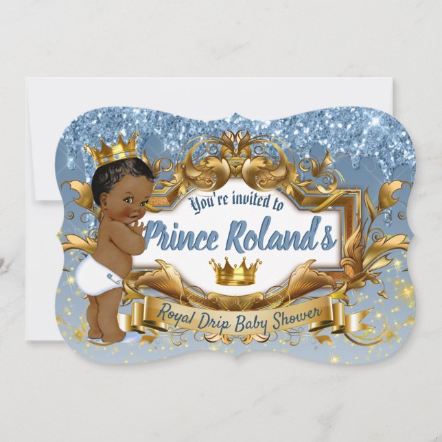 3 Photos Royal African Prince Blue Glitter Drip Invitation (Front)
