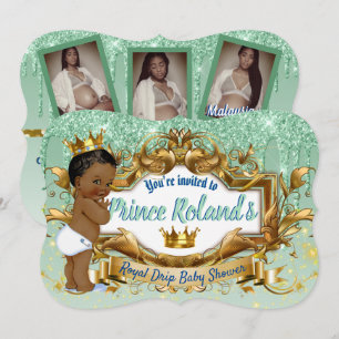 3 Photos Royal African Prince Green Glitter Drip Invitation