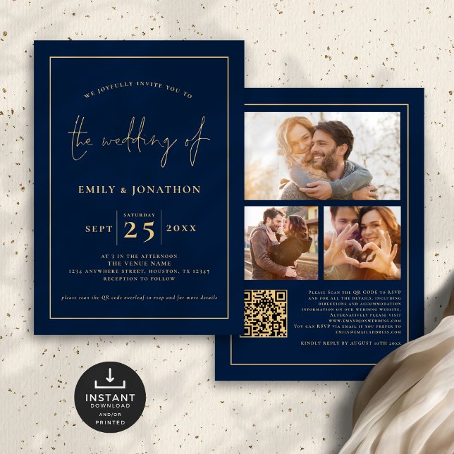 3 Photos Script Line QR Code Navy Gold Wedding Invitation (Front and back)