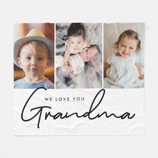 3 photos We love you Grandma Script Personalised Fleece Blanket (Front (Horizontal))