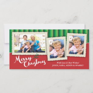 3 Picture Frames on Striped Background, Christmas Holiday Card