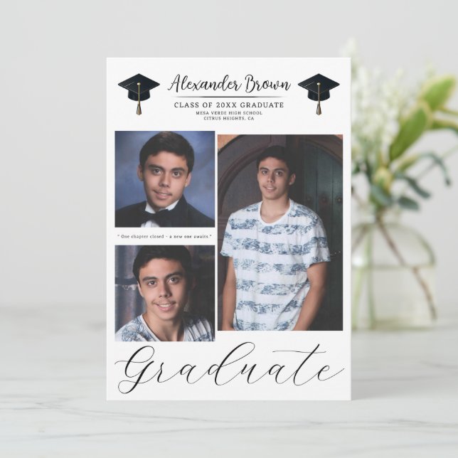3 Picture Photos Modern Minimal Graduation  Invitation (Standing Front)