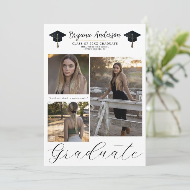 3 Picture Photos Modern Minimal Graduation  Invitation (Standing Front)