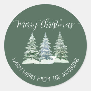 3 Pine Trees Rustic Sage Green Merry Christmas Classic Round Sticker