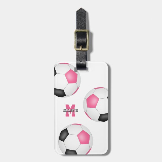 3 pink black white soccer balls girls sports luggage tag (Front Vertical)