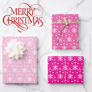 3 Pink Coordinating Snowflake Christmas Gift  Wrapping Paper Sheet