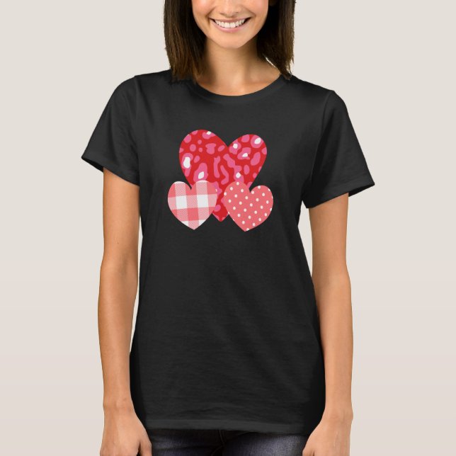 3 Pink Hearts Love Leopard Plaid Polka Dots Valent T-Shirt (Front)