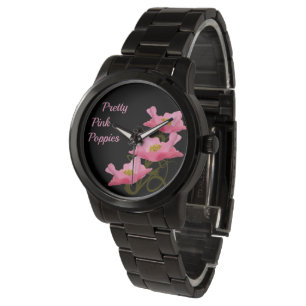 3 Pink Poppy Flowers Numberless Custom Girly Watch
