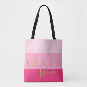 3 Pink Stripes Beach Please Gold Glitter Tote Bag