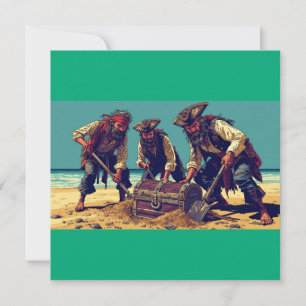 3 Pirates Using Shovels To Bury Chest On Beach Invitation