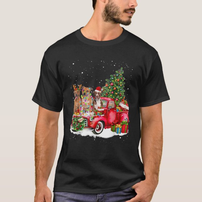 3 Pitbull Truck Christmas Light Tree Reindeer Sant T-Shirt (Front)