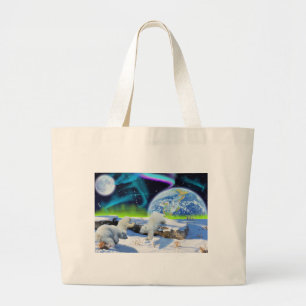 3 Polar Bear Cubs Playing in Snow - Earth Day Art Large Tote Bag