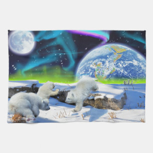 3 Polar Bear Cubs Playing in Snow - Earth Day Art Tea Towel