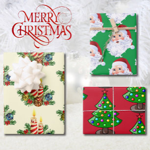 3 Pretty Christmas Santa Tree Candle Wrapping Paper Sheet
