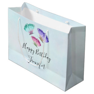 3 Pretty Pastel Watercolor Butterflies Birthday Large Gift Bag