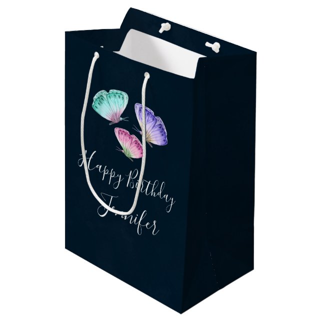 3 Pretty Pastel Watercolor Butterflies Birthday Medium Gift Bag (Front Angled)
