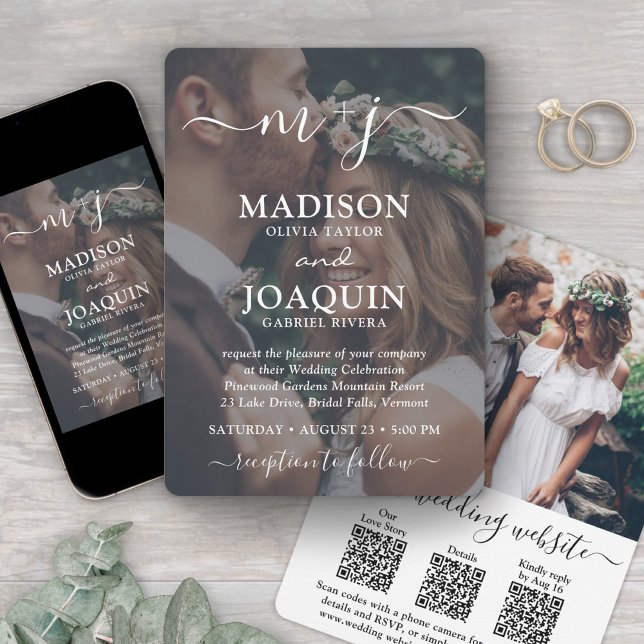 3 QR Codes All-In-One Monogrammed Photo Wedding Invitation (Creator Uploaded)