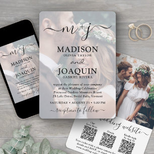 3 QR Codes Elegant Script All-In-One Photo Wedding Invitation