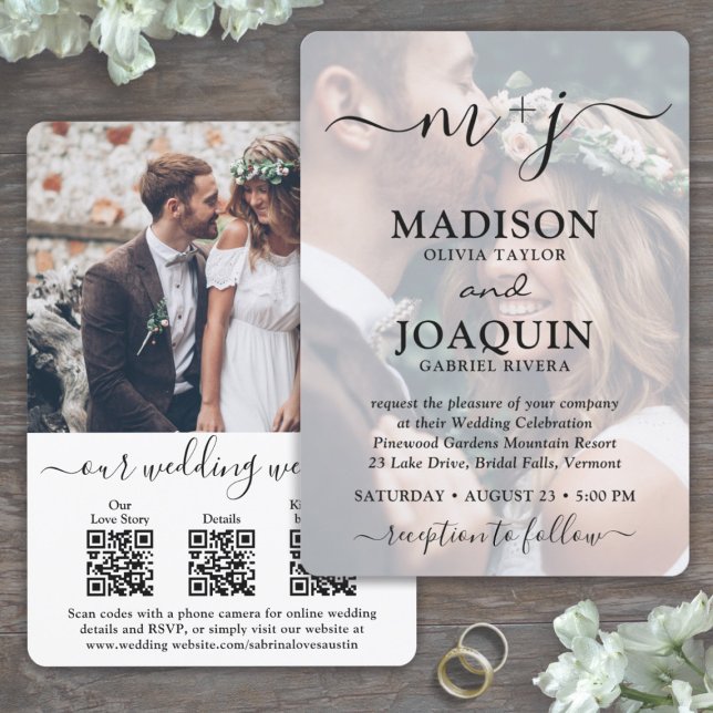 3 QR Codes Elegant Script All-In-One Photo Wedding Invitation (Creator Uploaded)
