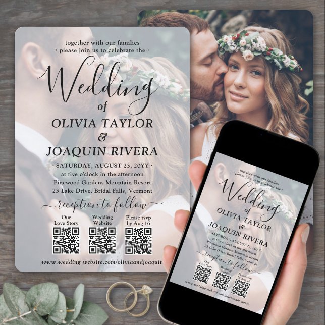 3 QR Codes Modern All-in-One Photo Overlay Wedding Invitation (Creator Uploaded)