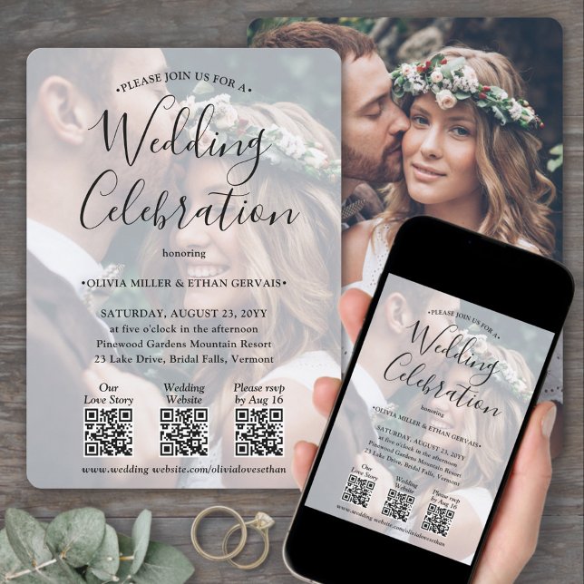 3 QR Codes Simple Photo Overlay All-In-One Wedding Invitation (Creator Uploaded)