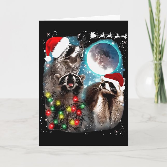 3 Racoon Moon Howling Racoon Christmas Santa Raco Card (Front)