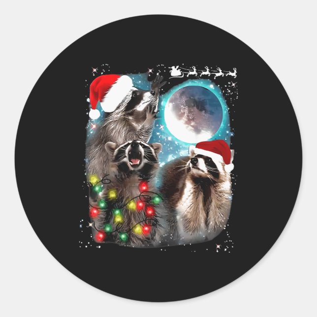 3 Racoon Moon Howling Racoon Christmas Santa Raco Classic Round Sticker (Front)