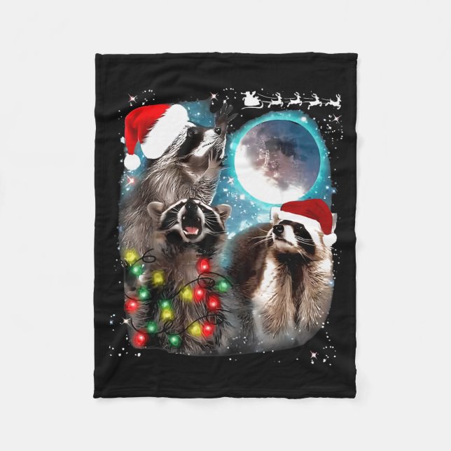 3 Racoon Moon Howling Racoon Christmas Santa Raco Fleece Blanket (Front)