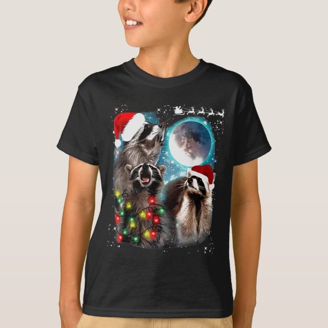 3 Racoon Moon Howling Racoon Christmas Santa Raco T-Shirt (Front)