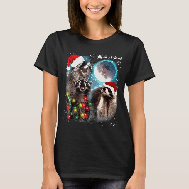 3 Racoon Moon Howling Racoon Christmas Santa Raco T-Shirt (Front)