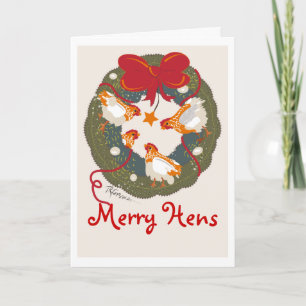 3 Red bow hens on wreath Christmas Card