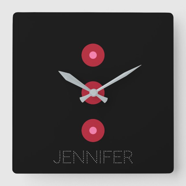 3 red circles on black chic sleek name customised square wall clock (Front)