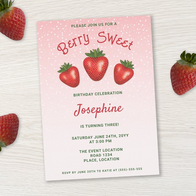 3 Red Strawberries On Pink Berry Sweet Birthday Invitation (Creator Uploaded)
