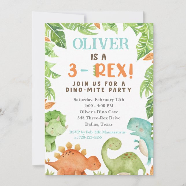 3-Rex Birthday Invitation, Dino 3rd Birthday Invit Invitation (Front)
