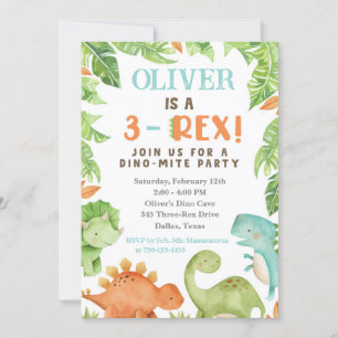 3-Rex Birthday Invitation, Dino 3rd Birthday Invit Invitation