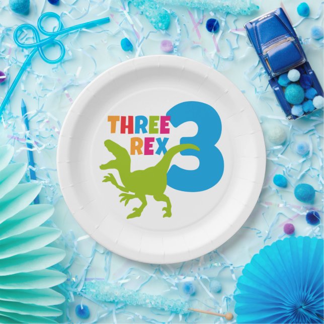 3 Rex Dinosaur Theme Third Birthday Photo Paper Plate (Party)