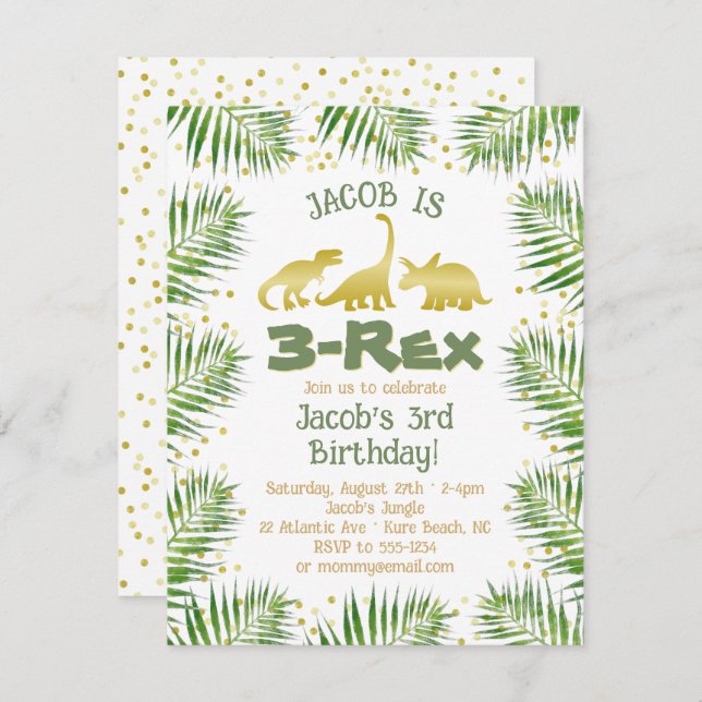 3 Rex Dinosaur Tropical Greenery Boy 3rd Birthday Invitation (Front/Back)