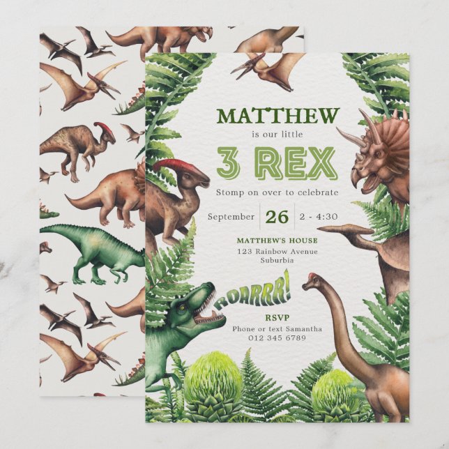 3-Rex Watercolor T-Rex & Dinosaurs Kids' Birthday Invitation (Front/Back)
