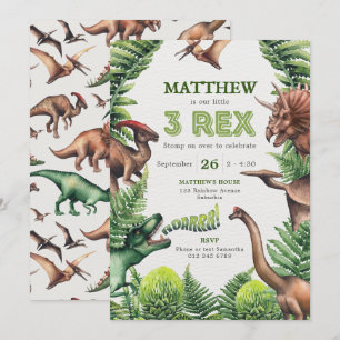 3-Rex Watercolor T-Rex & Dinosaurs Kids' Birthday Invitation