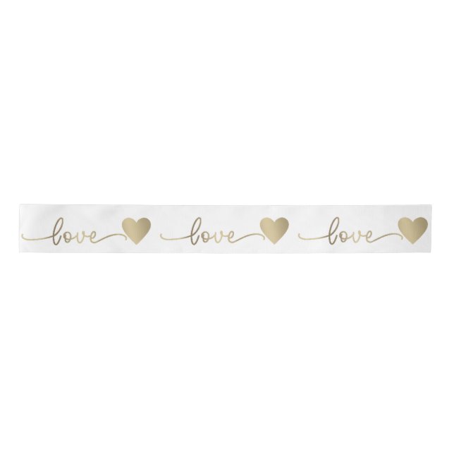 3" Romantic Gold Script Love Hearts Wedding    Satin Ribbon (Front)