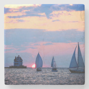 3 Sailboats Sunset Stone Coaster