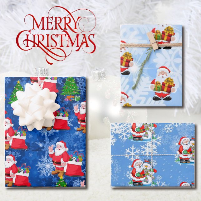 3 Santa Claus with Snow Background Pretty Gift Wrapping Paper Sheet (Creator Uploaded)