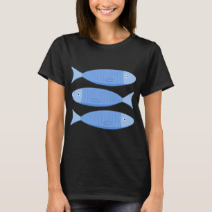 3 Sardines Fish Illustration in Light Blue T-Shirt