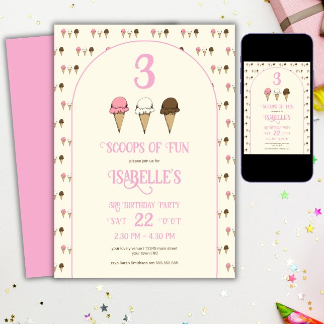 3 Scoops of Fun 3rd Birthday Ice Cream Party  Invitation (Creator Uploaded)